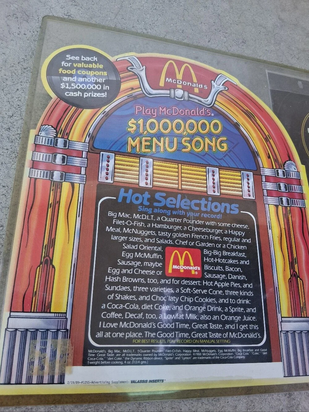 McDonald's Yellow & Red Jukebox-Style $1,000,000 Menu Song Record